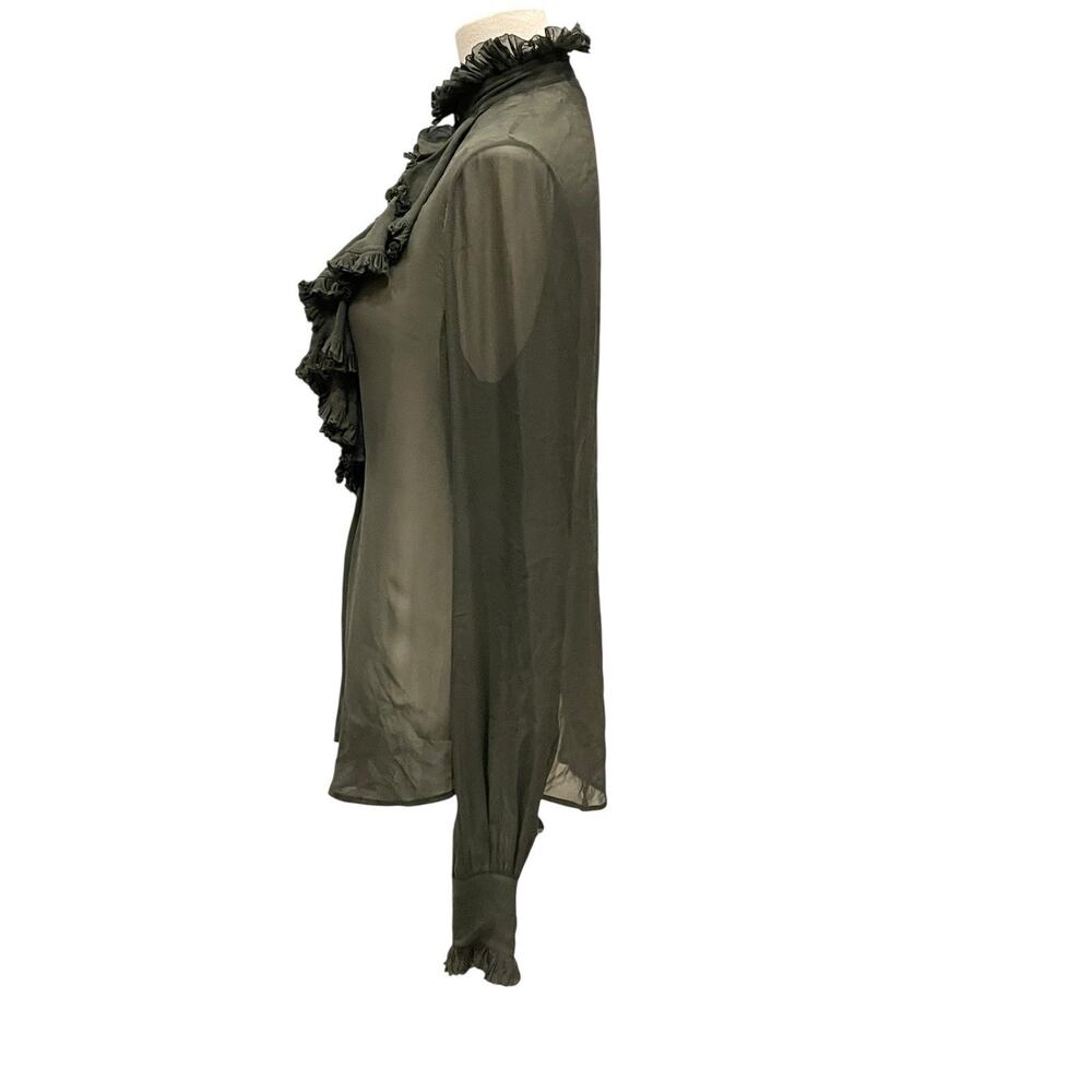 Ralph Lauren 100% silk ruffled collar olive green blouse size 8 - Picture 4 of 9